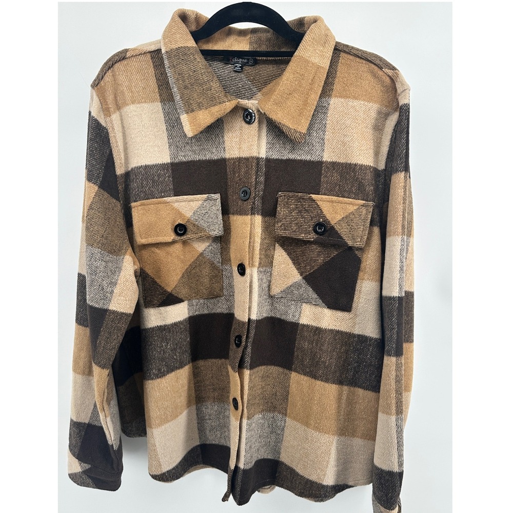 Womens 2X Plaid Shacket Brown Tan Button Down Flannel Jacket Chore Barncoat
